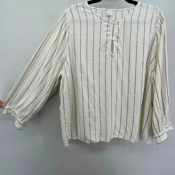 Old Navy Metallic-Stripe Smocked-Shoulder Top in Cream/Black/Gold - Picture 2 of 7